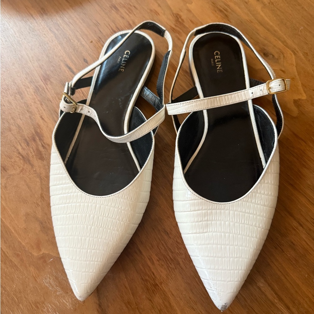 Celine Women's Off White Textured Slingback Flats